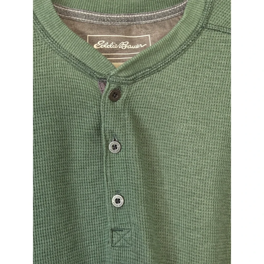 Eddie Bauer Mens Waffle Knit Henley Thermal Shirt Sz Large Green Outdoors Layer